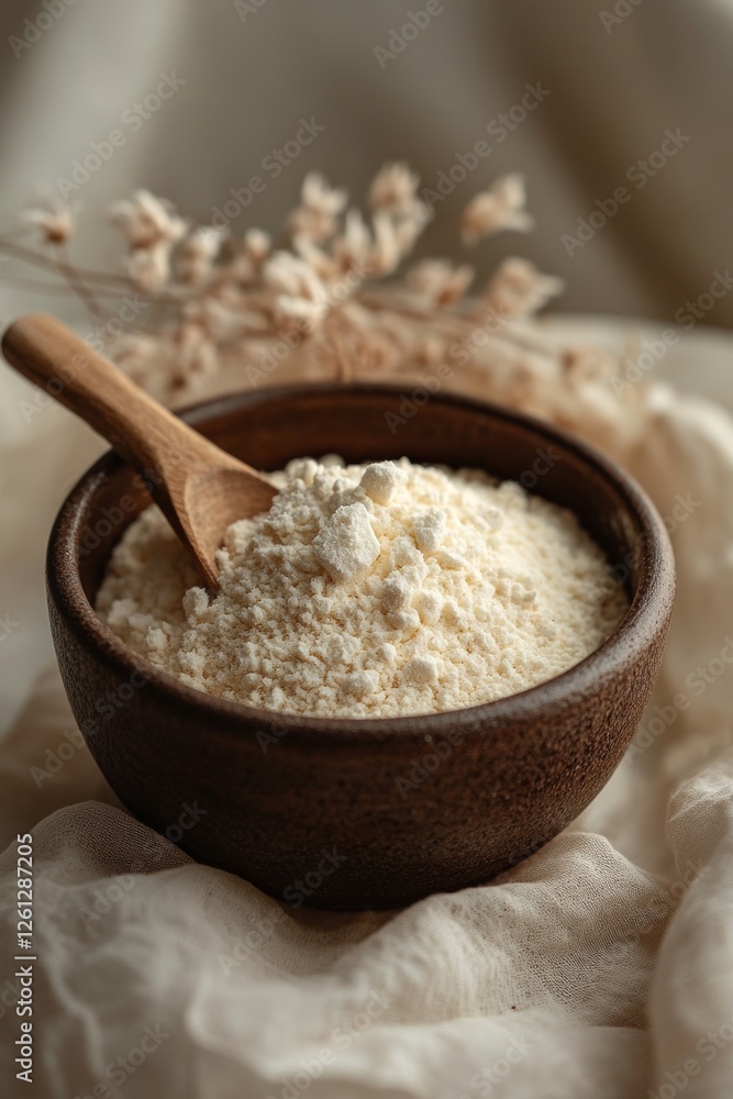 A minimalistic view of marshmallow root powder in a rustic bowl with a wooden spoon, set against a soft, neutral background A minimalistic view of marshmallow root powder in a rustic bowl with a wooden spoon, set against a soft, neutral background