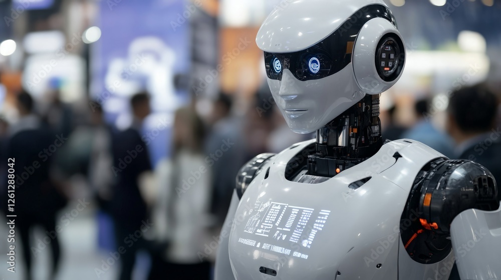 Fototapeta premium Futuristic humanoid robot at a technology exhibition in a crowd
