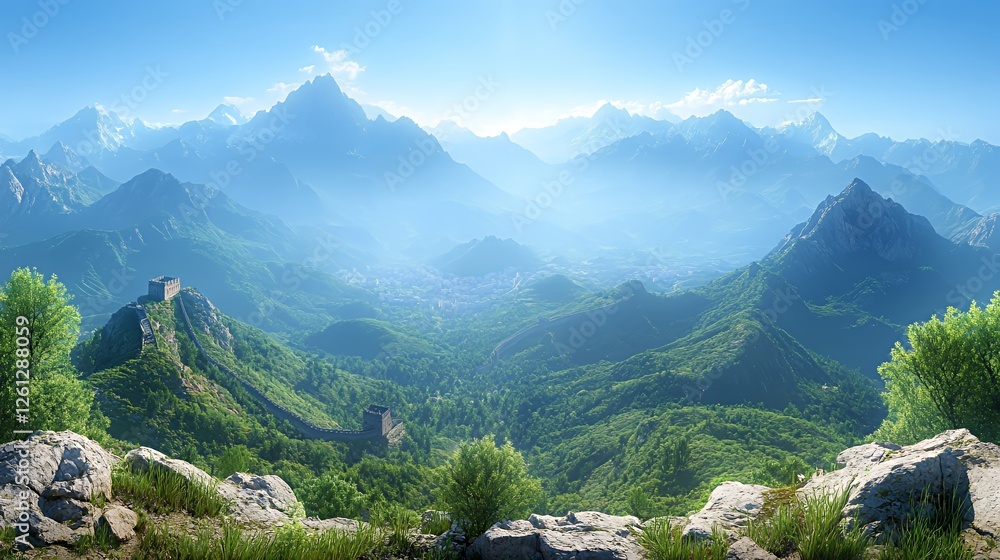 Fototapeta premium Majestic Mountain Vista Overlooking Lush Valleys and Ancient Walls During Midday Across a Serene Landscape