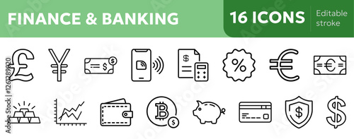 finance bannking icons including piggy bank, dollar, euro, british pound, japanese yen, bitcoin, stock market graph, wallet, credit card, mobile payment 