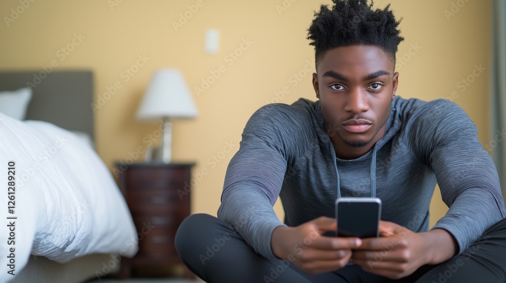 Contemplative man relaxing indoors using smartphone in casual setting