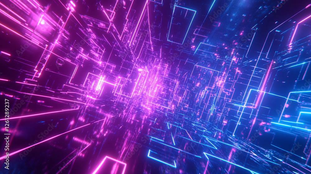 Fototapeta premium A vibrant, glowing digital data stream with neon pink and blue lines, representing futuristic technology, digital transformation, and cyberspace, showcasing a high-tech environment.