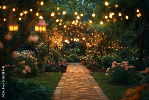 Romantic garden path, evening lights, flowers, celebration