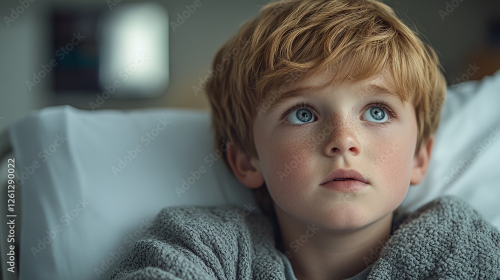 Young Boy With Blonde Curly Hair Gazes Upwards With Curiosity While Sitting on a Hospital Bed in a Softly Lit Room During Daytime Hours Young Boy With Blonde Curly Hair Gazes Upwards With Curiosity While Sitting on a Hospital Bed in a Softly Lit Room During Daytime Hours