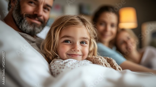 Family Sharing a Warm Moment Together While Relaxing in Bed During a Cozy Evening at Home in a Softly Lit Room