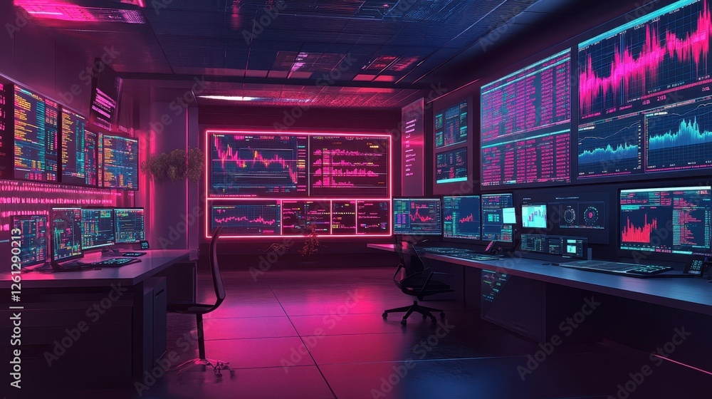 A trading control center glowing with real-time financial analytics