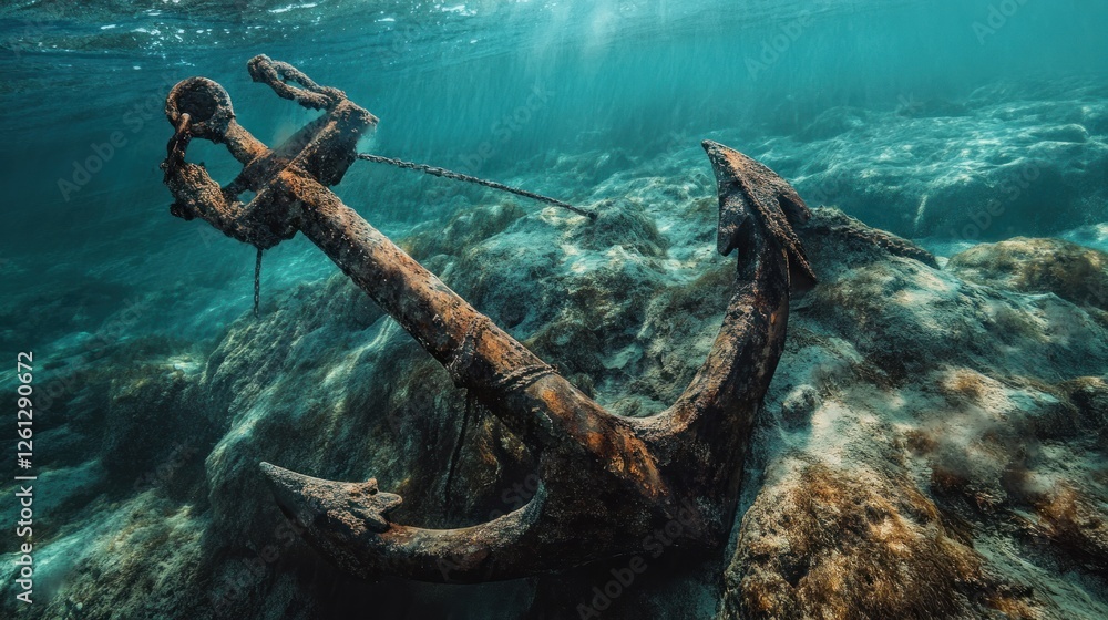 Naklejka premium Sunken Treasure: An Underwater Rusty Anchor