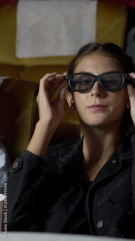 Man and woman in the cinema watching a movie with 3D glasses. with interest looking at the screen, exciting and eating popcorn Man and woman in the cinema watching a movie with 3D glasses. with interest looking at the screen, exciting and eating popcorn