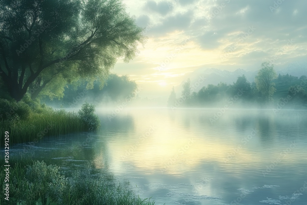Misty sunrise over calm lake, trees, fog. Peaceful nature scene Misty sunrise over calm lake, trees, fog. Peaceful nature scene