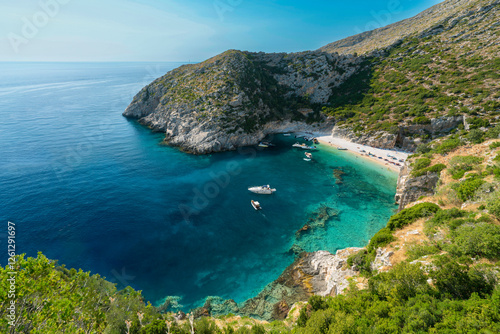 Fototapeta Naklejka Na Ścianę i Meble -  Albania, Vlorë County, Grama bay - 13 August 2024 - The magnificent Grama Bay and the nature that surrounds it seen from above