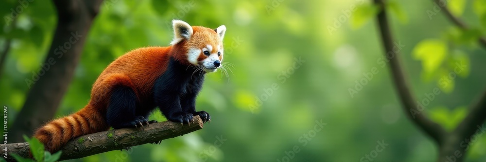 Fototapeta premium Red panda perched on a branch, lush green forest, moss, sunlight, sunshine