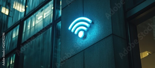 Glowing Wifi Symbol on Modern Building at Night