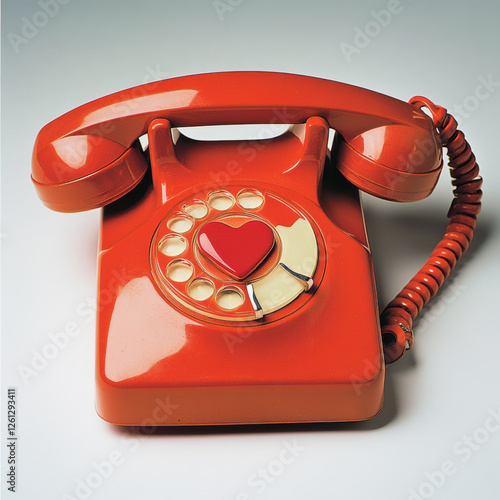 Vintage red telephone with heart-shaped dial in modern setting