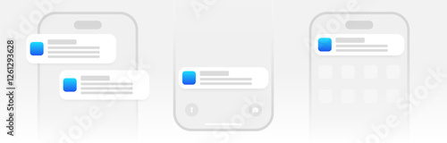 Mobile push notification template. minimal iphone message alert mock-up. App notification pop-up interface. Mobile screen layout. User communication window. Chat text box bubble. Vector illustration