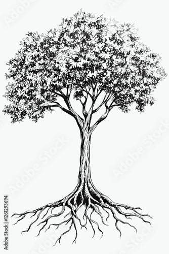 Architectural Drawings, Minimal style cad tree with roots line drawing, Side view, of graphics trees root elements outline symbol for landscape design drawing. Vector illustration
