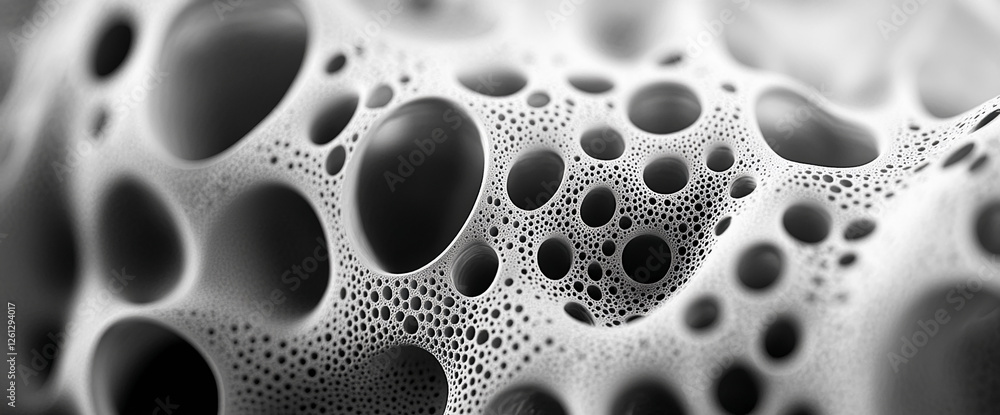 Close-up of abstract porous texture with circular voids and intricate patterns, emphasizing the fluidity and structure of organic forms in black and white. Close-up of abstract porous texture with circular voids and intricate patterns, emphasizing the fluidity and structure of organic forms in black and white.