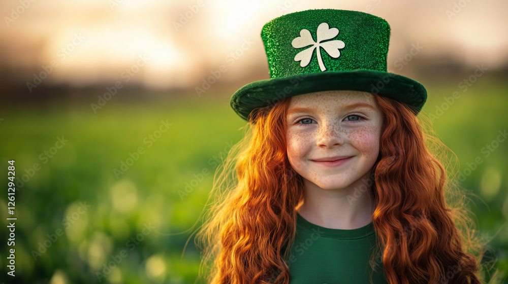 Fototapeta premium Smiling redhead little girl in green with shamrock hat celebrating St. Patrick's Day outdoors in green field.