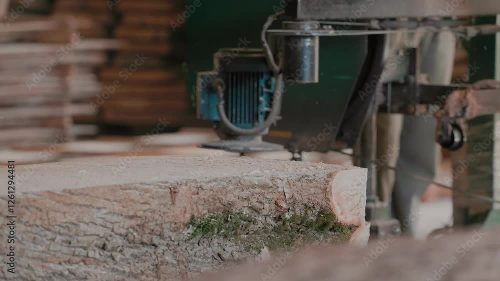 At the sawmill, a saw cuts brown wood. Tree bark and old rusty saw. Close-up. Work at the sawmill. Dust flies from wood and wood chips. At the sawmill, a saw cuts brown wood. Tree bark and old rusty saw. Close-up. Work at the sawmill. Dust flies from wood and wood chips.