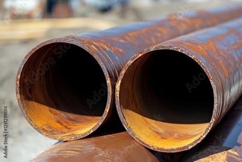 Large rusty steel pipes at an industrial construction site, metallurgy and infrastructure concept. photo