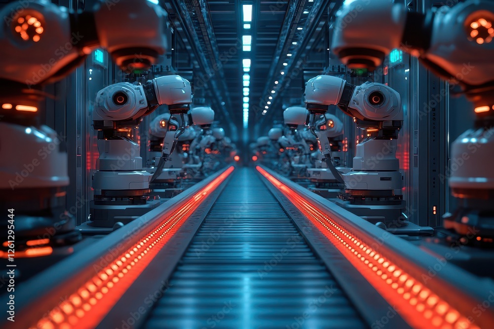 futuristic automated warehouse interior with robotic arms conveyor systems led lighting cool blue tones dynamic perspective futuristic automated warehouse interior with robotic arms conveyor systems led lighting cool blue tones dynamic perspective