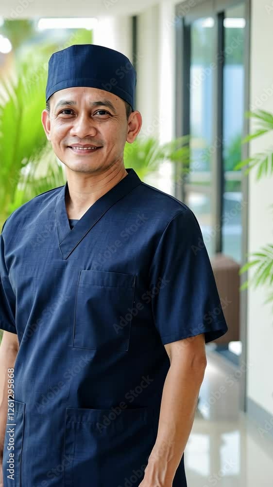 Healthcare professional in a medical facility showcasing friendly demeanor during working hours