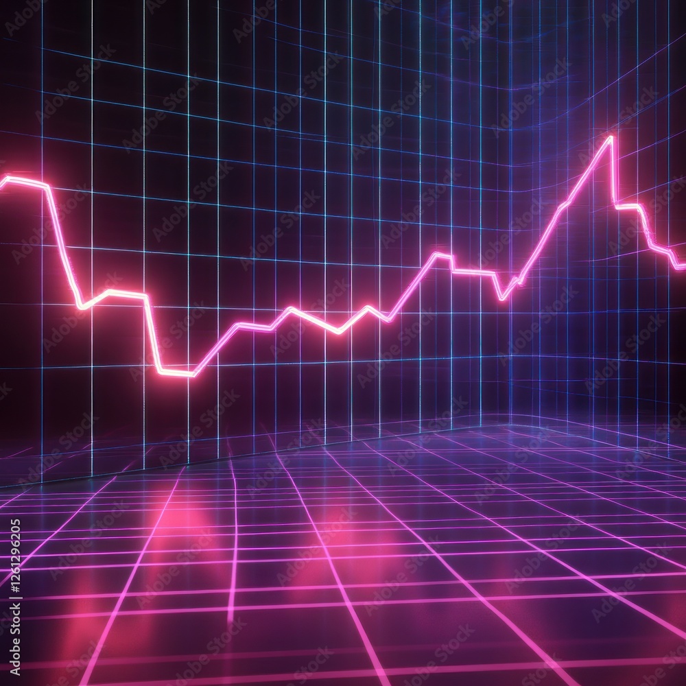 Naklejka premium Neon pink line graph rising on dark grid background.