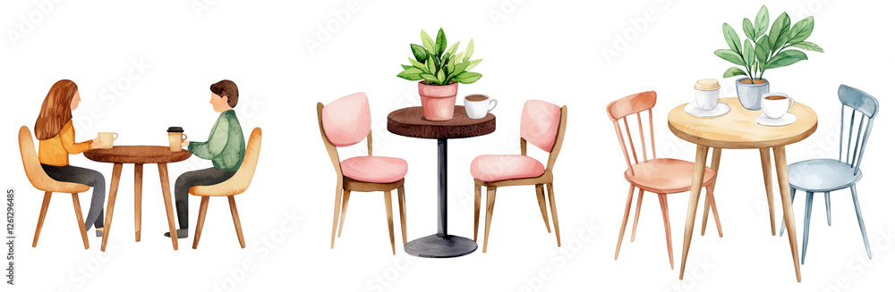 Fototapeta premium Cozy cafe meeting with plants and coffee , isolated on transparent background