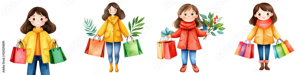 Smiling customer with shopping bags and plants in hand , isolated on transparent background Smiling customer with shopping bags and plants in hand , isolated on transparent background