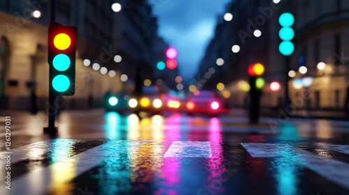 Night City Rain Reflections - Wet city street at night, traffic lights reflecting in puddles, blurry city lights, rain