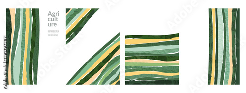 Green farm landscape abstract vector illustration. Organic field pattern, corporate brochure or magazine cover. Eco-friendly design, collage style and text frame, business flyer or booklet on ecology photo