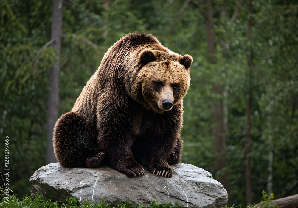 A large brown bear sits atop a rocky outcropping, gazing into the distance with a contemplative expression. The forest around it is lush and green, suggesting a serene, natural habitat. A large brown bear sits atop a rocky outcropping, gazing into the distance with a contemplative expression. The forest around it is lush and green, suggesting a serene, natural habitat.