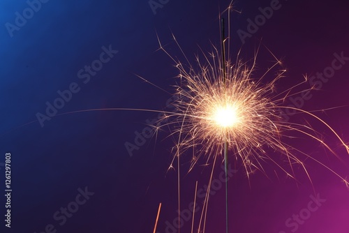 Bright burning sparkler in color lights, closeup. Space for text
