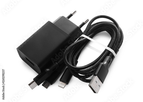 USB power adapter and triple charge cable isolated on white