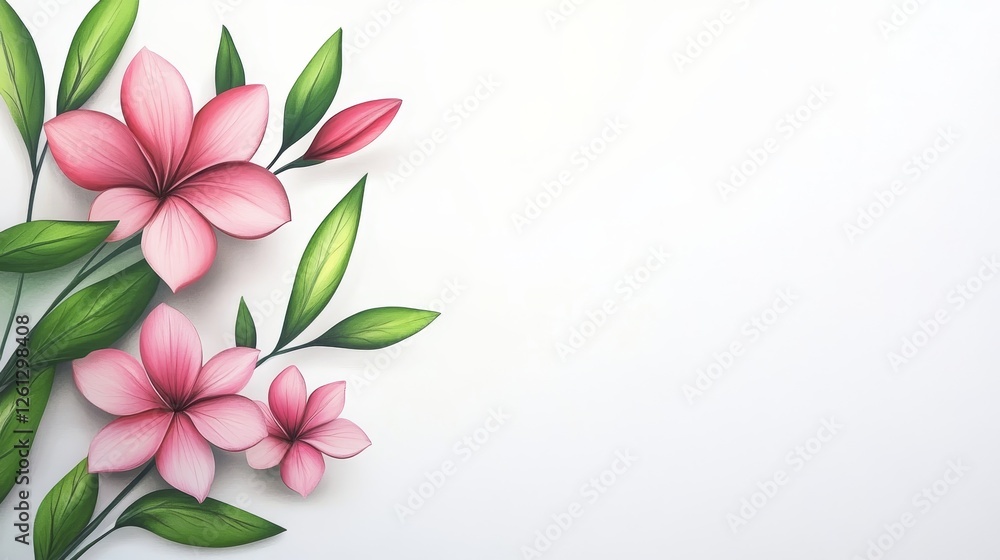 Fototapeta premium Pink Flowers and Green Leaves on White - Delicate pink flowers with vibrant green leaves arranged on a clean white background. Perfect for spring or summer designs