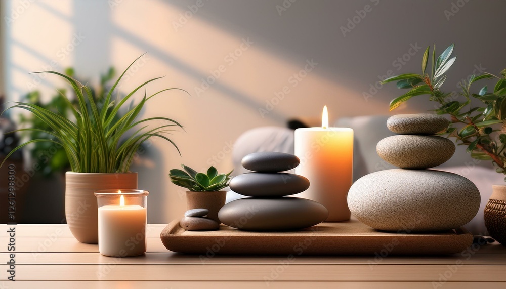 Stacked rocks with soft candles and small plants Stacked rocks with soft candles and small plants