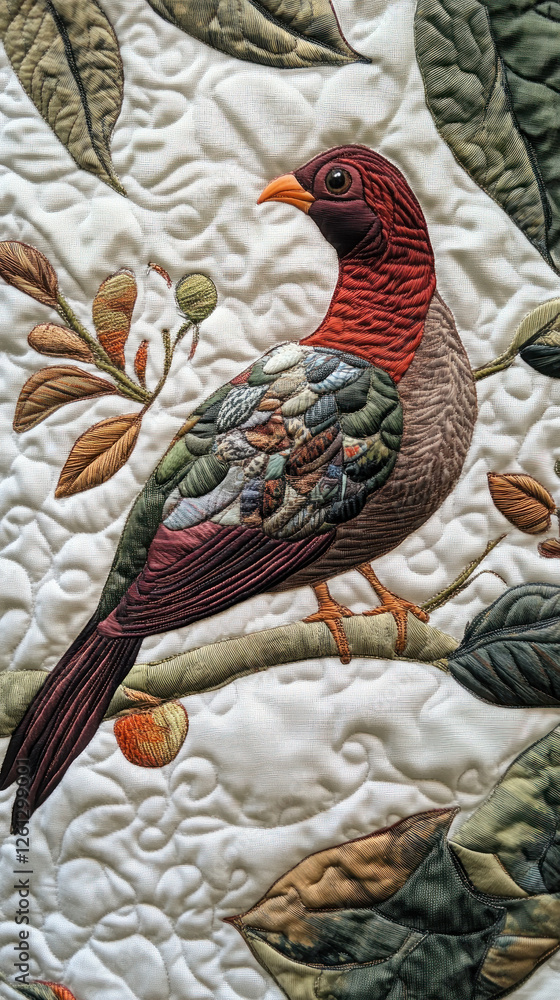 Colorful quilted game bird with leaves