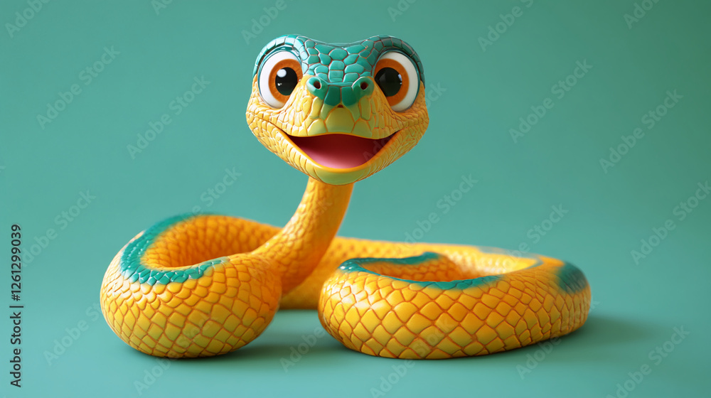 Fototapeta premium A colorful cartoon snake with a happy face, featuring bright yellow and green scales, lying on a teal background. The image represents fun, joy, and animation in a playful style.