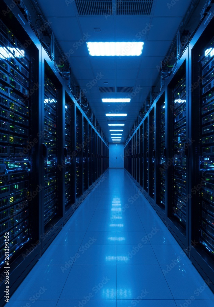 Fototapeta premium A high-performance computing facility with glowing server units and cutting-edge technology. 