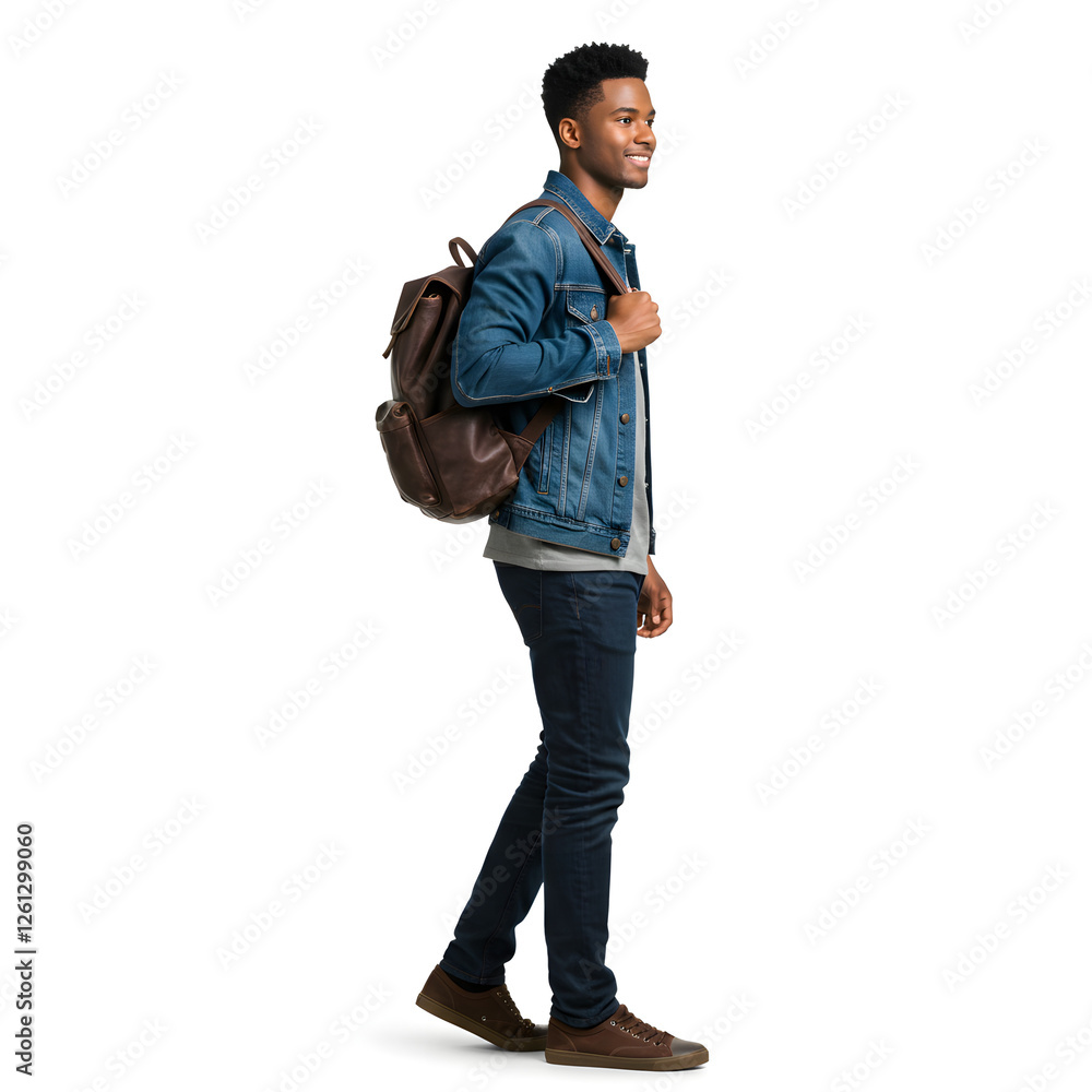 Naklejka premium Side view of a young man walking with a backpack, wearing casual clothes, showcasing confidence as a commuter, isolated on a white background for a sleek, modern look, isolate white background