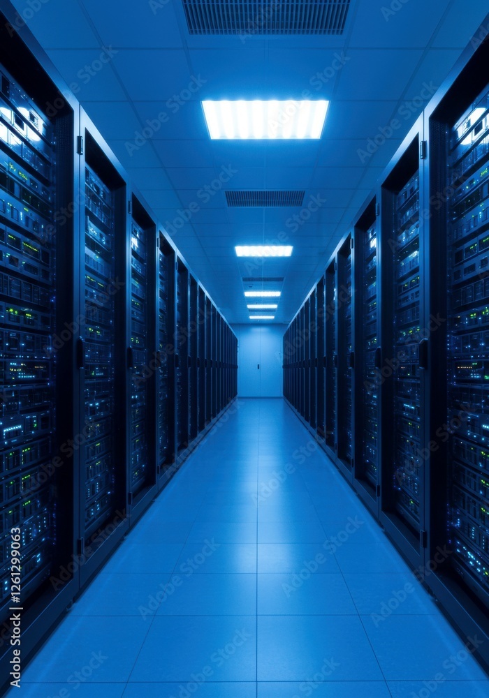 A modern data hub with sleek metallic racks, glowing blue for a futuristic appeal.
A modern data hub with sleek metallic racks, glowing blue for a futuristic appeal.