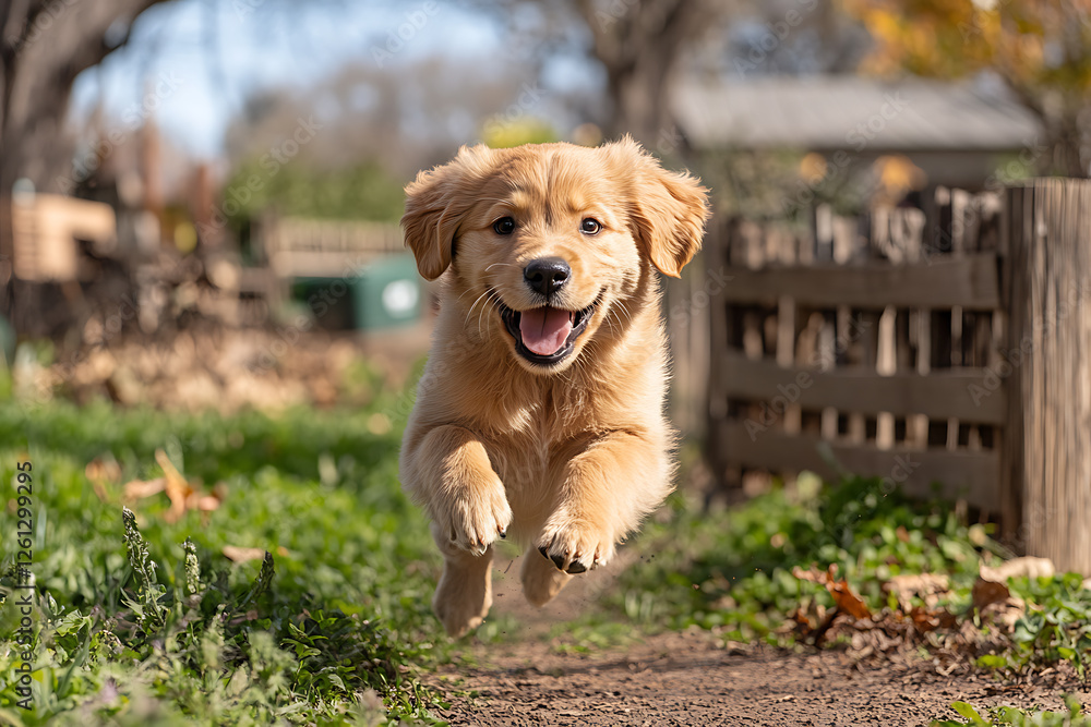 A playful puppy runs across a lush green field, full of energy and excitement. 