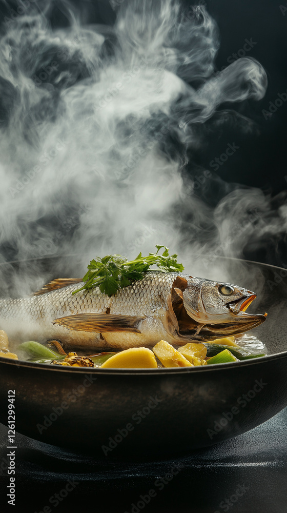 Steamed fish in a wok with ginger and copy space