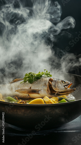 Obraz na płótnie Steamed fish in a wok with ginger and copy space w salonie