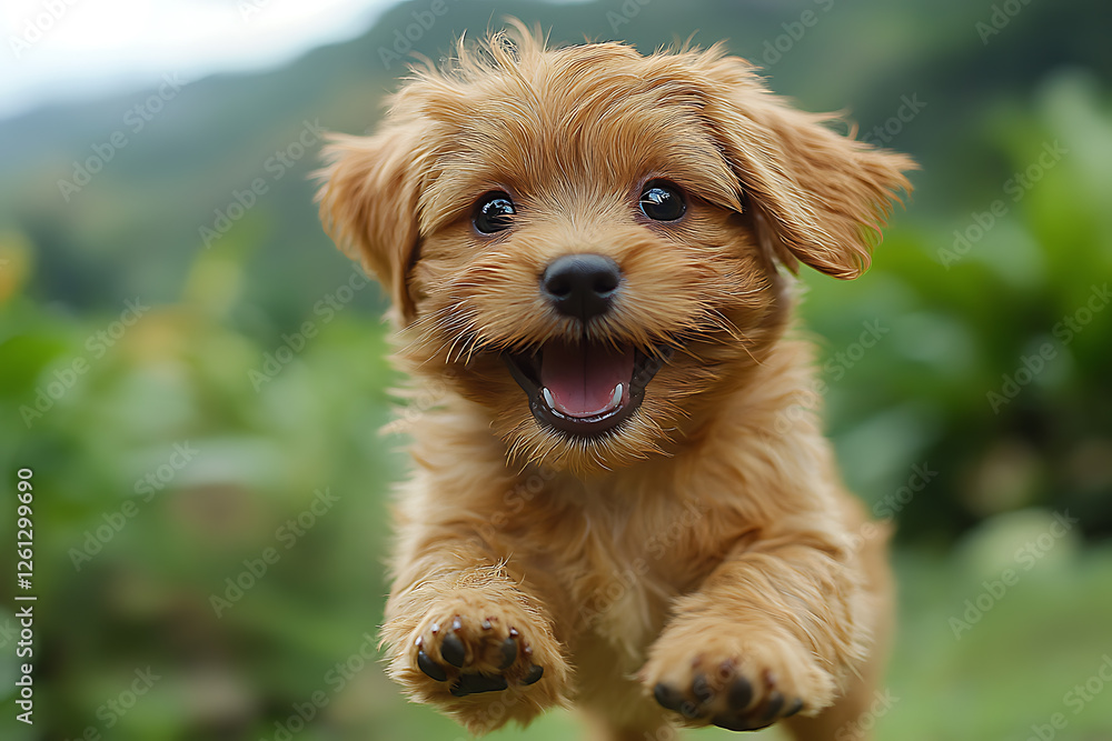A playful puppy runs across a lush green field, full of energy and excitement. A playful puppy runs across a lush green field, full of energy and excitement.