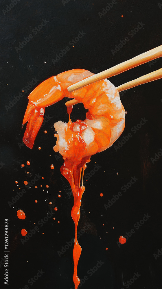 Chopsticks hold up a single shrimp dripping with sauce