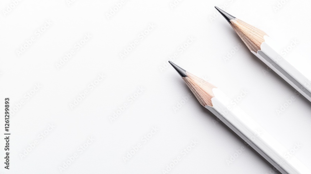 Two white pencils on white background, ready to write Two white pencils on white background, ready to write