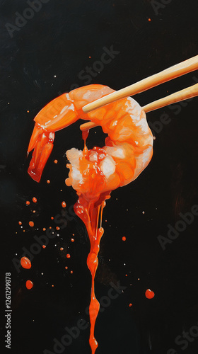Obraz na płótnie Chopsticks hold up a single shrimp dripping with sauce w salonie