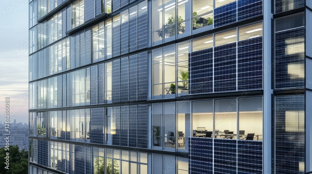 Modern Office Building with Solar Panels and Urban Cityscape View