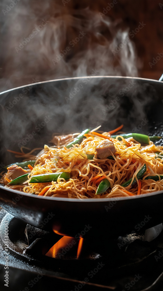Pork chow mein in a wok with text space