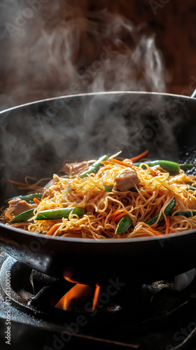 Obraz na płótnie Pork chow mein in a wok with text space w salonie